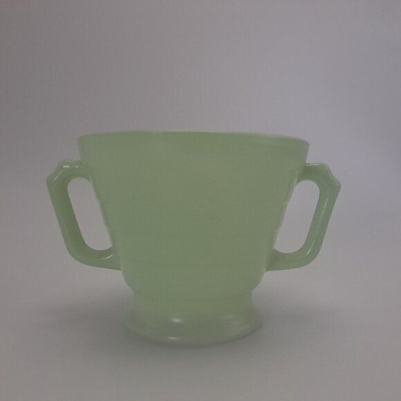 Hazel Atlas Moderntone Platonite Green Sugar Bowl Glass Double Handles - Picture 4 of 10